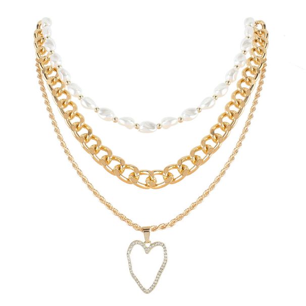 Temperament Pearl Chain Gold Peach Heart Pendant Necklace Street Shooting Women's Multi Layer Necklace_ipsvogv.com