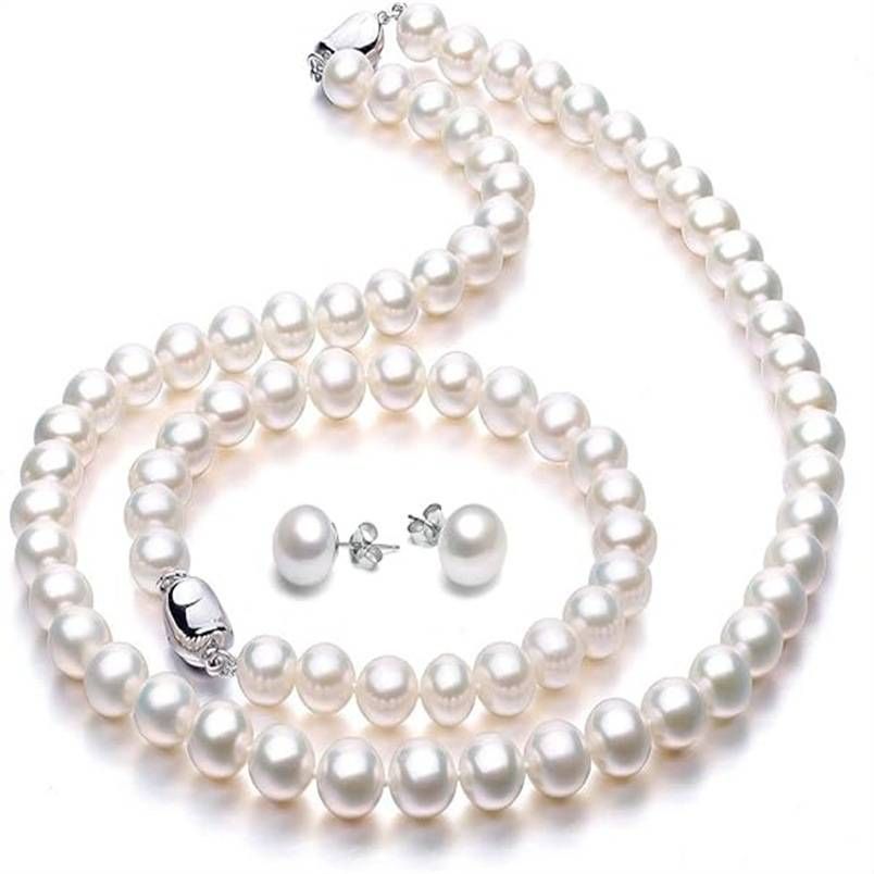 French Simple Temperament 8 9mm Freshwater Pearl Female Necklace Bracelet Earrings Three Piece Birthday Gift For Mother_ipsvogv.com