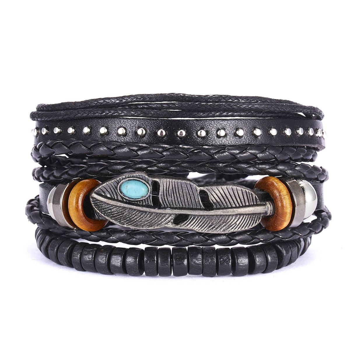 Yiwu New Men's Creative Leaf Wood Bead Woven Leather Adjustable Set Bracelet_ipsvogv.com