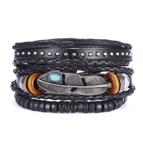 Yiwu New Men's Creative Leaf Wood Bead Woven Leather Adjustable Set Bracelet_ipsvogv.com