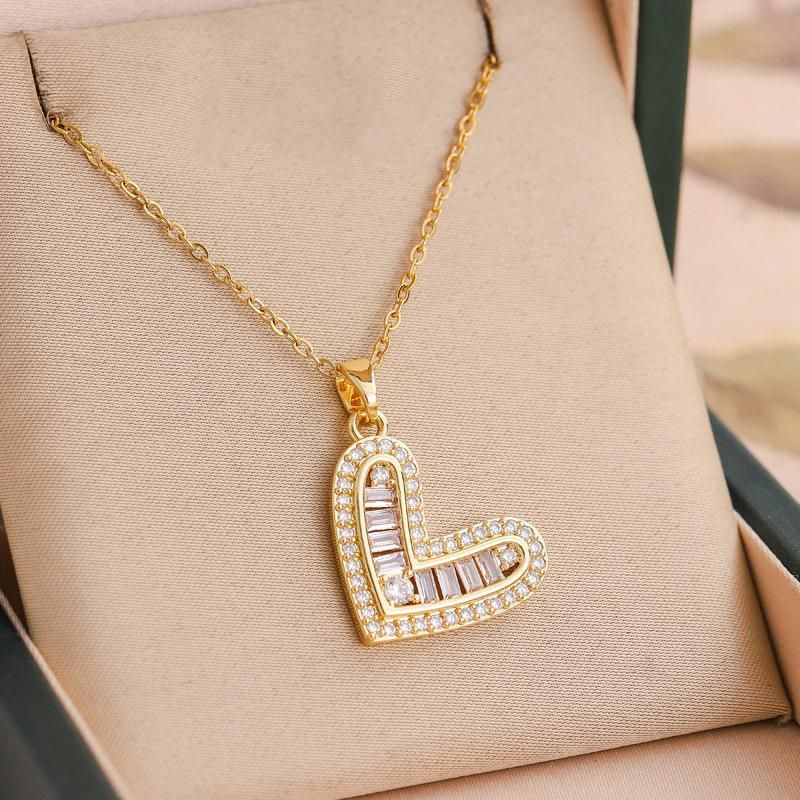 Stainless Steel Gold Color Full Zirconia Hollow Heart Pendant Necklace For Women Girls Party Love Jewelry_ipsvogv.com