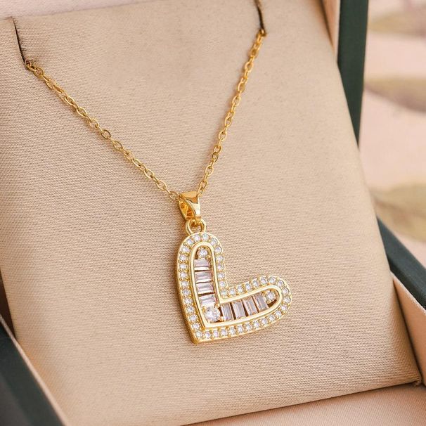Stainless Steel Gold Color Full Zirconia Hollow Heart Pendant Necklace For Women Girls Party Love Jewelry_ipsvogv.com