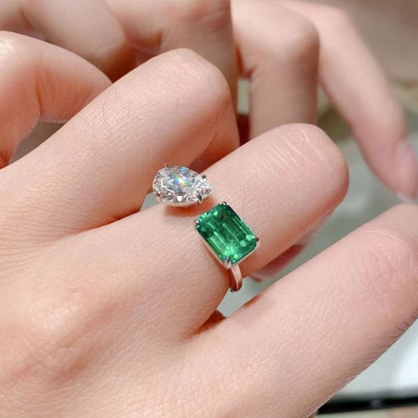 Online Popular Live Broadcast New Product Emerald Tourmaline Princess Square Temperament Open Ring Female Ring_ipsvogv.com