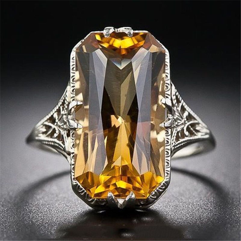 Sanjie Yellow Crystal Hollow Carved Ring Exaggerated Silver Hand Jewelry_ipsvogv.com