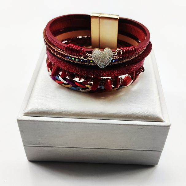 Multi Layer Fashionable Peach Heart Crushed Stone Leather Bracelet, Ladies' Magnetic Buckle Batch_ipsvogv.com
