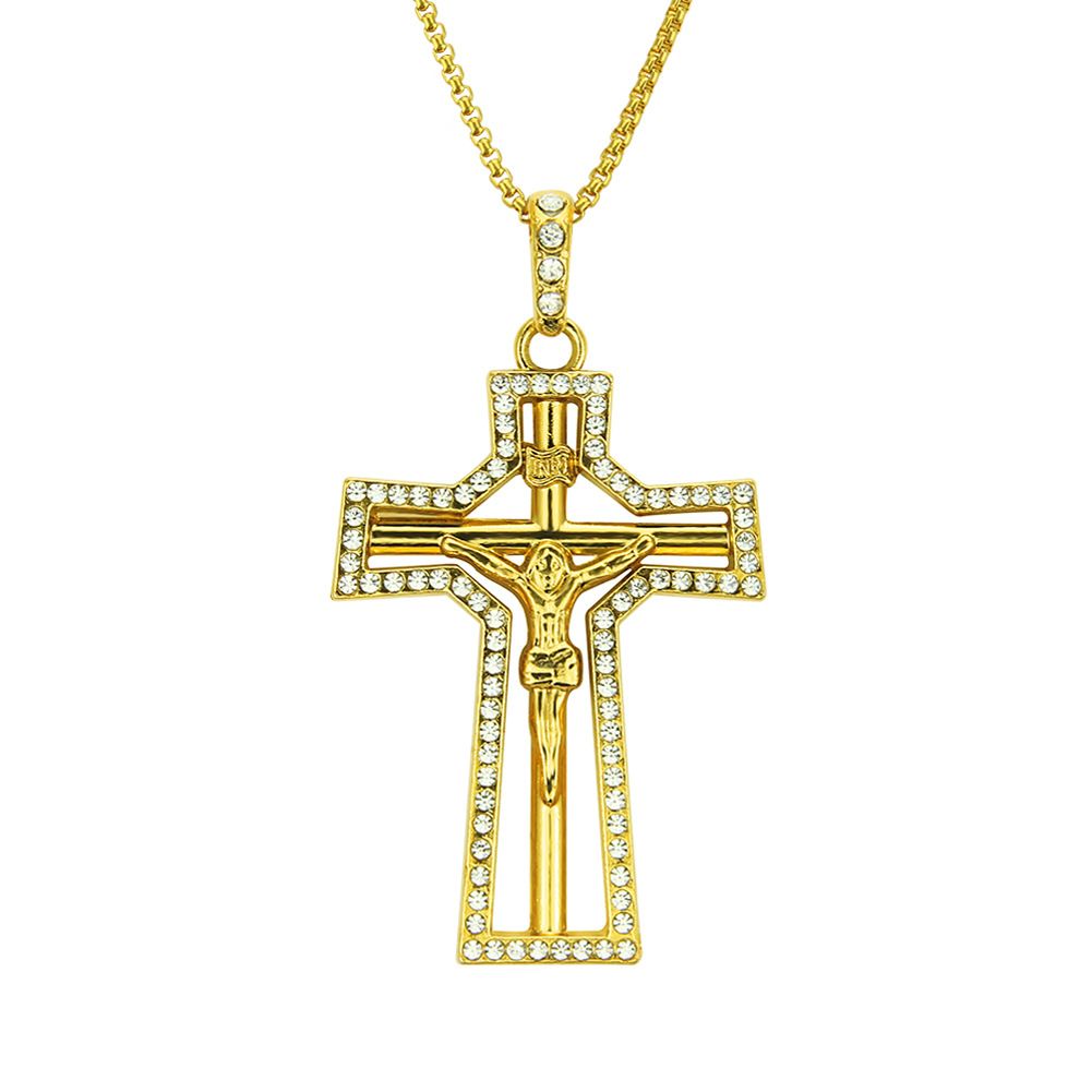 Hip Hop Men's Classic Jewelry Cross Pendant with Diamond Plated Gold Necklace_ipsvogv.com