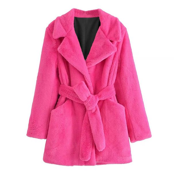 Women's Clothing suit collar mid length waist belt style fur jacket top _ipsvogv.com