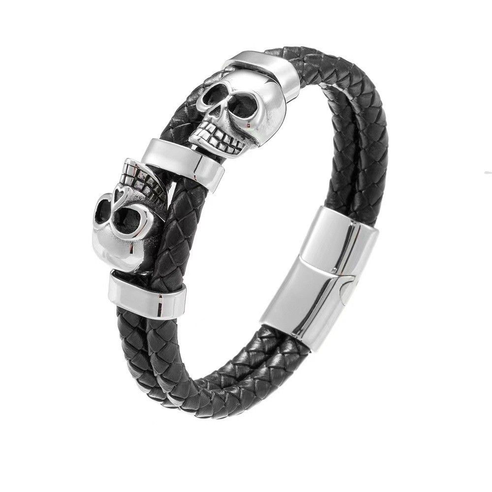 Fashion Men's Skull Dark Punk Style Handmade Woven Leather Bracelet Jewelry_ipsvogv.com