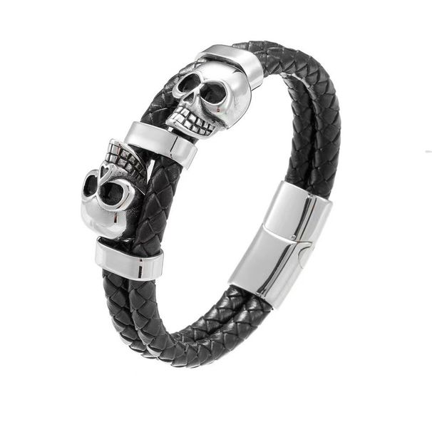 Fashion Men's Skull Dark Punk Style Handmade Woven Leather Bracelet Jewelry_ipsvogv.com