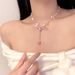 Sweet Pink Heart Beaded Necklace For Women With Ribbon Bowknot Tassel Collarbone Chain Choker_ipsvogv.com