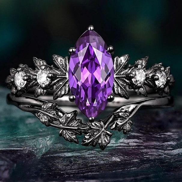 Sanjie Leaf Flower Amethyst Female Ins Fashion Temperament Gun Black Light Luxury Women's Diamond Ring_ipsvogv.com