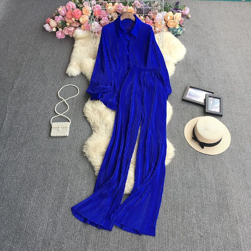 Women's Fashion Clean Color Shirt Two-piece Set Of High Waist Vertical Vertical Wide Leg Pants_ipsvogv.com