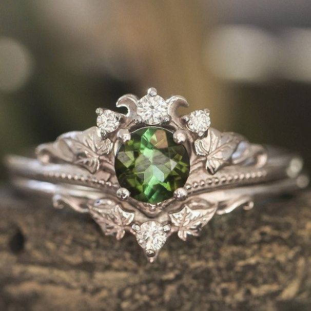 Flower Silver Inlaid With Green Zircon Tree Branch Crown Pair Ring Female Jewelry_ipsvogv.com