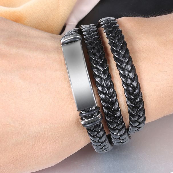 Leather Woven Men's Bracelet Bangle Simple Fashion Style Titanium Steel Jewelry_ipsvogv.com