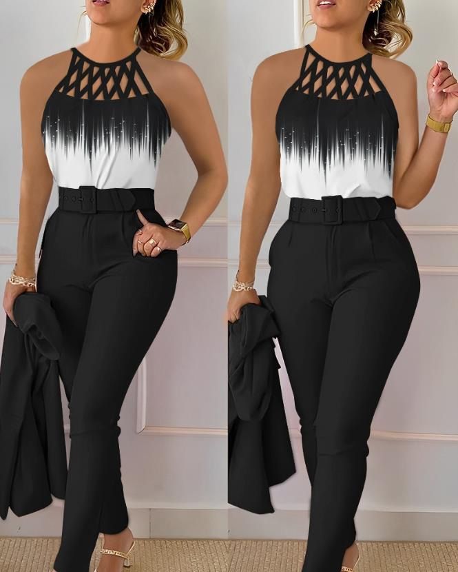 Women's Clothing autumn and summer temperament commuting print cross strap gradient top + solid color slim pants two piece set_ipsvogv.com