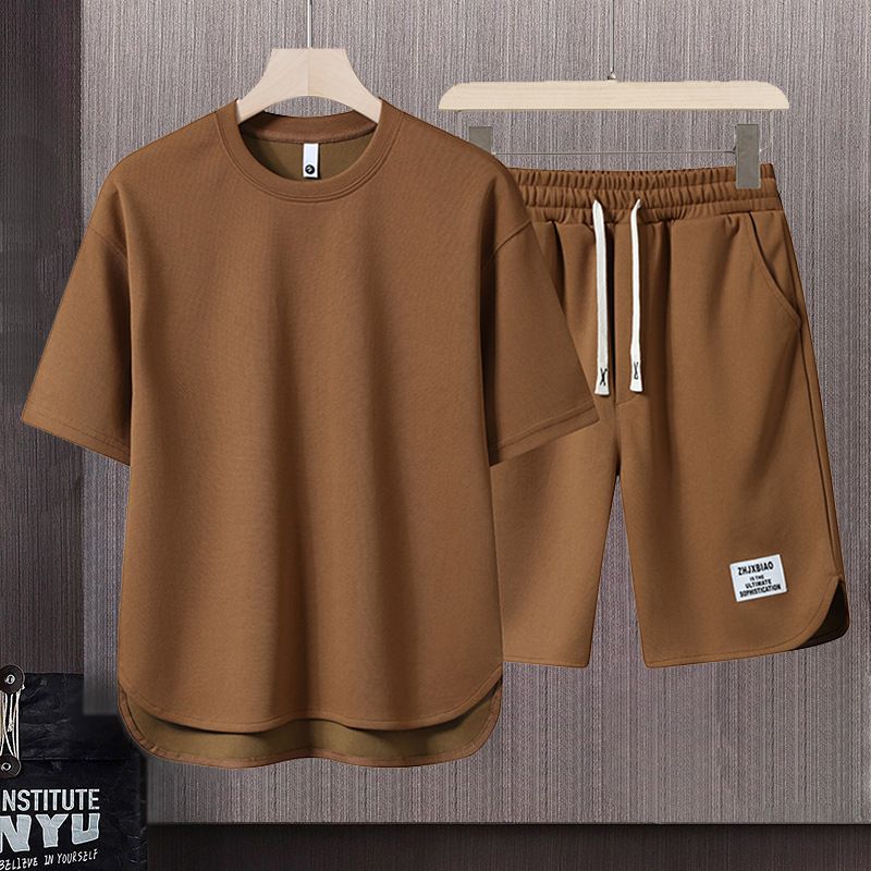 Men's Clothing Summer fashion brand new short sleeved T suit men's loose large size shorts set advanced handsome waffle two piece suit_ipsvogv.com