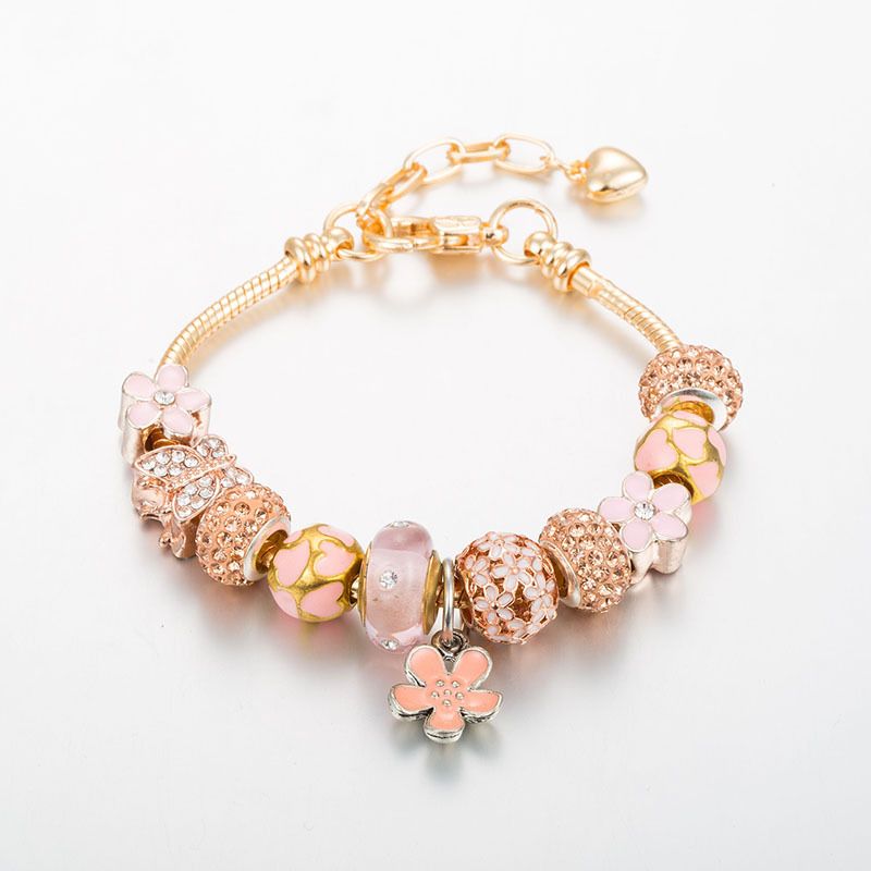 Panjia's New Alloy Diamond Large Hole Beads DIY Pink Flower Pendant Panjia Bracelet Girl_ipsvogv.com