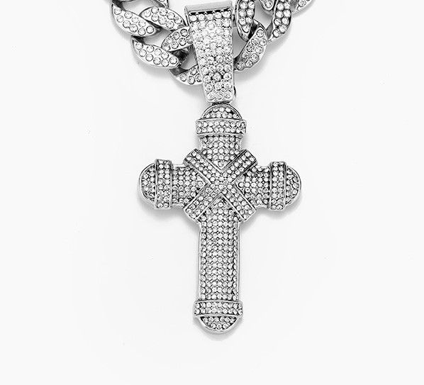 Alloy Style Silver Pendant With Full Diamond Cuban Chain Men, Hip-hop Niche Cross Necklace For Men_ipsvogv.com