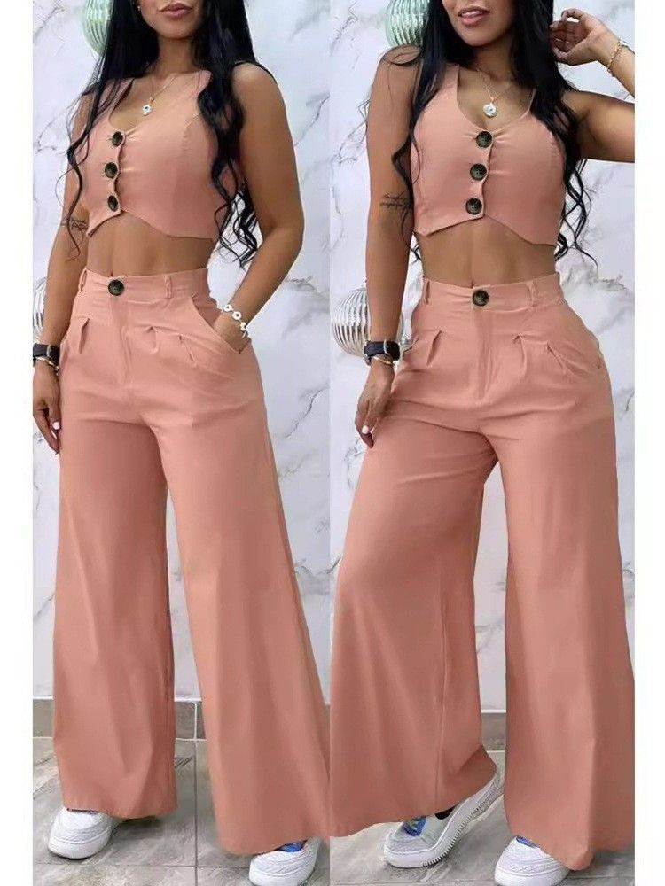 Women's clothing solid color short vest vest drape high waist wide leg pants suit_ipsvogv.com