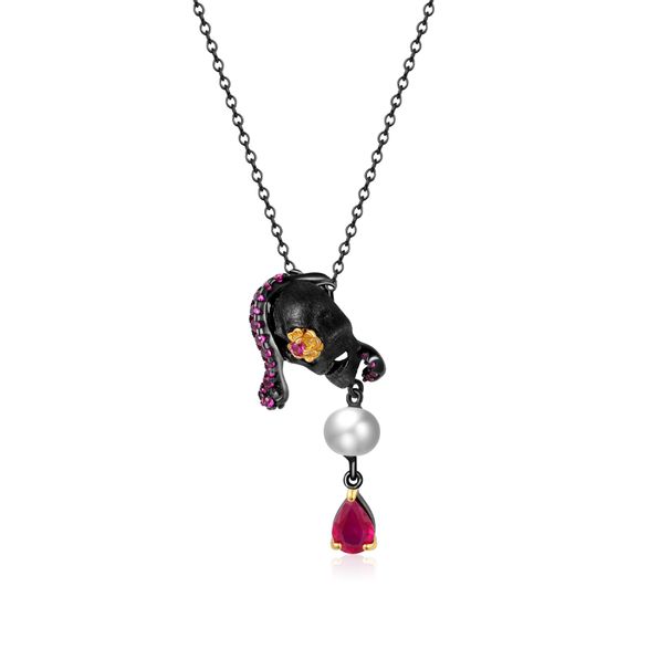 Freshwater Pearl Ruby Necklace Clavicle Chain Trendy Original Necklace Silver Dark Style Skull Pendant Female_ipsvogv.com