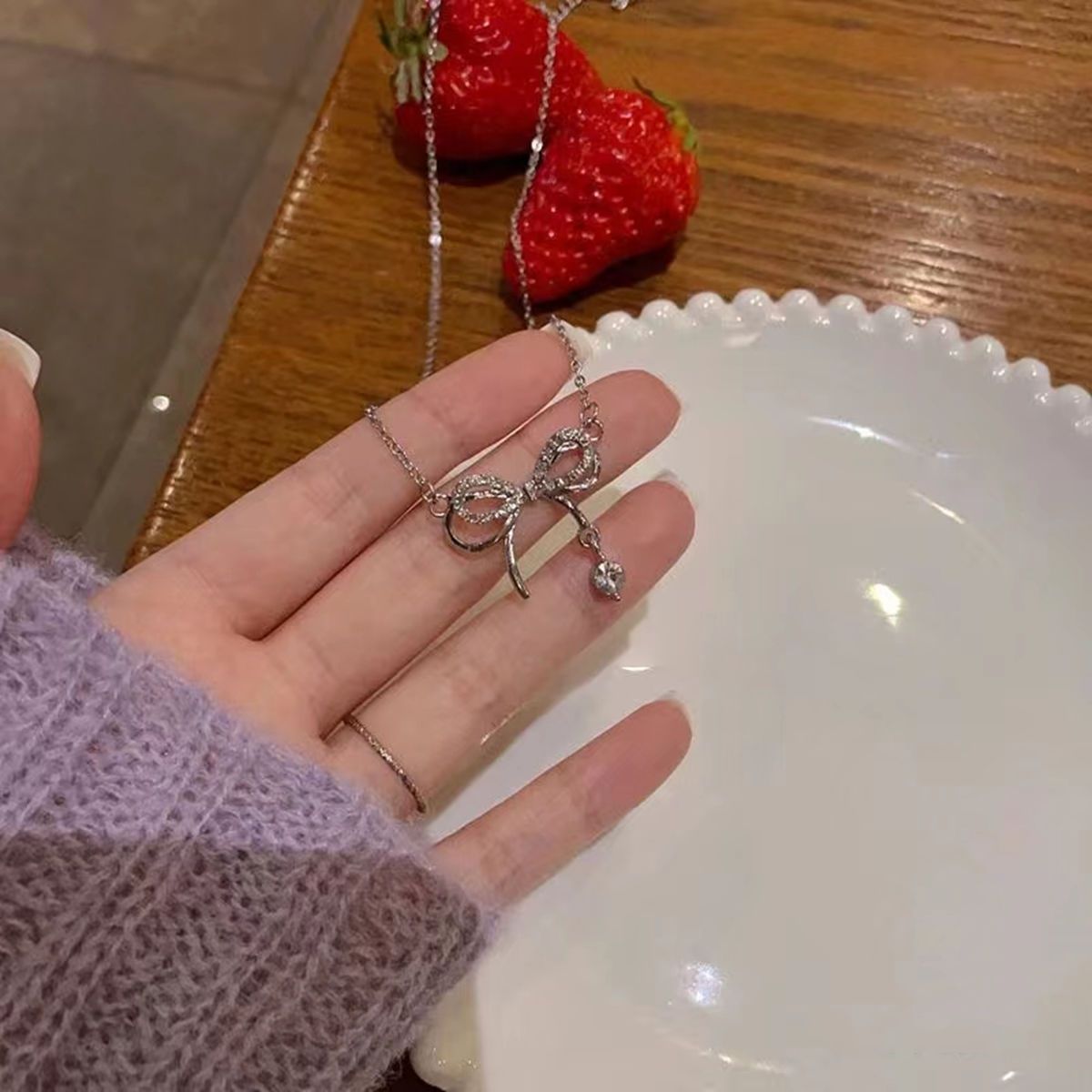 Pure Silver Water Droplet Bow Necklace Women, Gentle And Fairy Like, High-end, Light Luxury Collarbone Chain, Gift For_ipsvogv.com