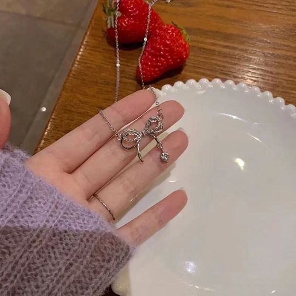 Pure Silver Water Droplet Bow Necklace Women, Gentle And Fairy Like, High-end, Light Luxury Collarbone Chain, Gift For_ipsvogv.com