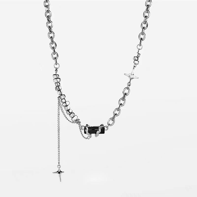 Titanium Steel Multi Layer Winding Black Gemstone Necklace Cold Style Heavy Metal Style Hip Hop Dark Personality Accessories_ipsvogv.com