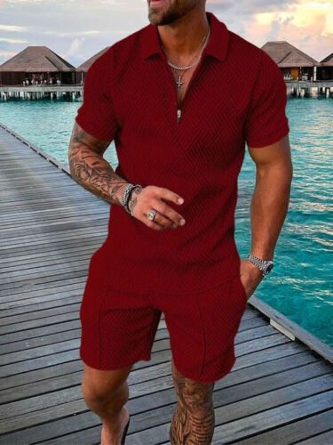 Men's Fashion Casual Suit 3D Printed Zipper Short Sleeve Polo Shirt Shorts 2-Piece Set_ipsvogv.com