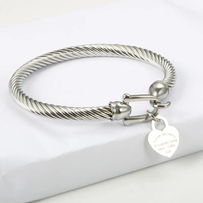 Bracelets Titanium Steel Cable Wire Gold Color Heart Charm Bangle Bracelet With Hook Closure For Women Men Wedding_ipsvogv.com