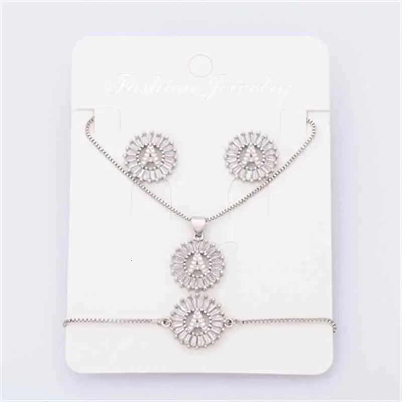 Charm Initial Necklace + Stud Earrings Bracelet Sets Jewelry Copper Zircon White Color A-z 26 Letters Alphabet_ipsvogv.com