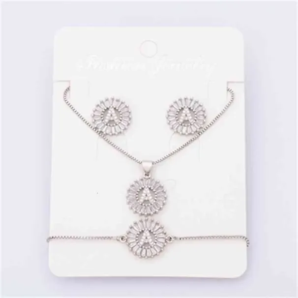 Charm Initial Necklace + Stud Earrings Bracelet Sets Jewelry Copper Zircon White Color A-z 26 Letters Alphabet_ipsvogv.com