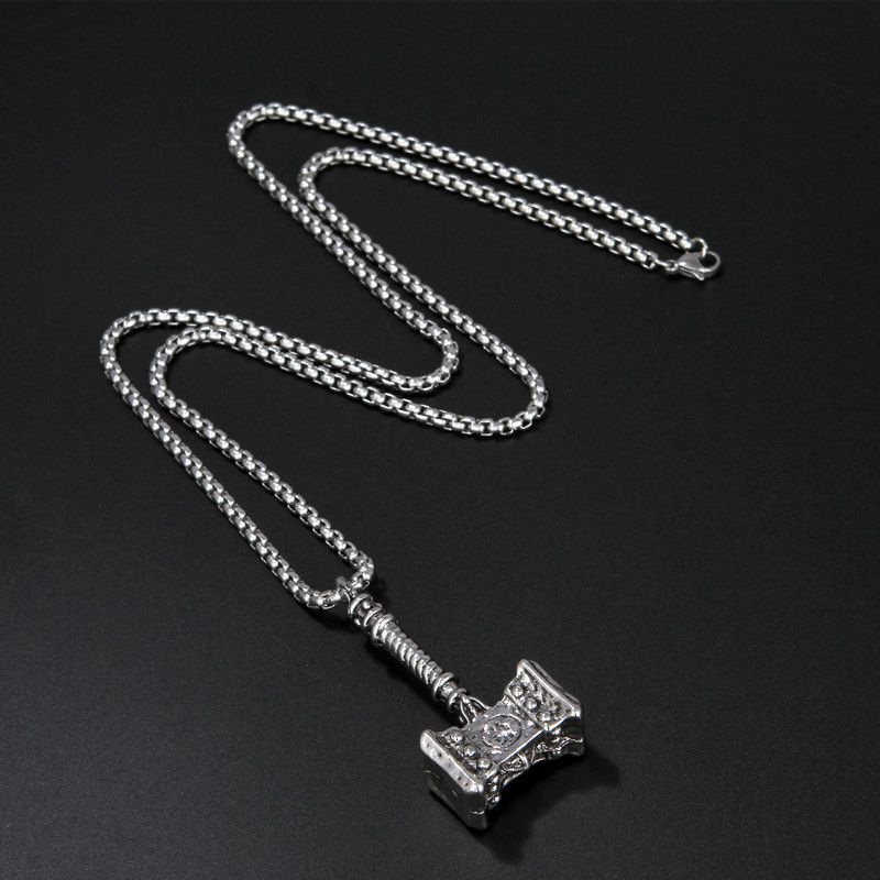 Titanium Steel Chain New Thor Hammer Pendant Punk Necklace Fashion Men's Stainless Steel Casting Pendant Silver Item_ipsvogv.com