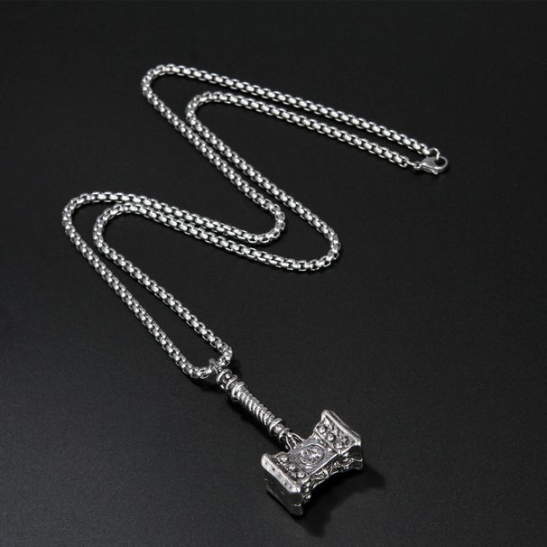 Titanium Steel Chain New Thor Hammer Pendant Punk Necklace Fashion Men's Stainless Steel Casting Pendant Silver Item_ipsvogv.com