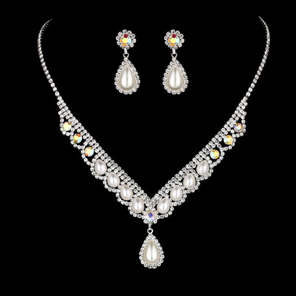 Korean Style Bridal Pearl Jewelry Set - Elegant Necklace & Earrings With Colored Diamonds_ipsvogv.com