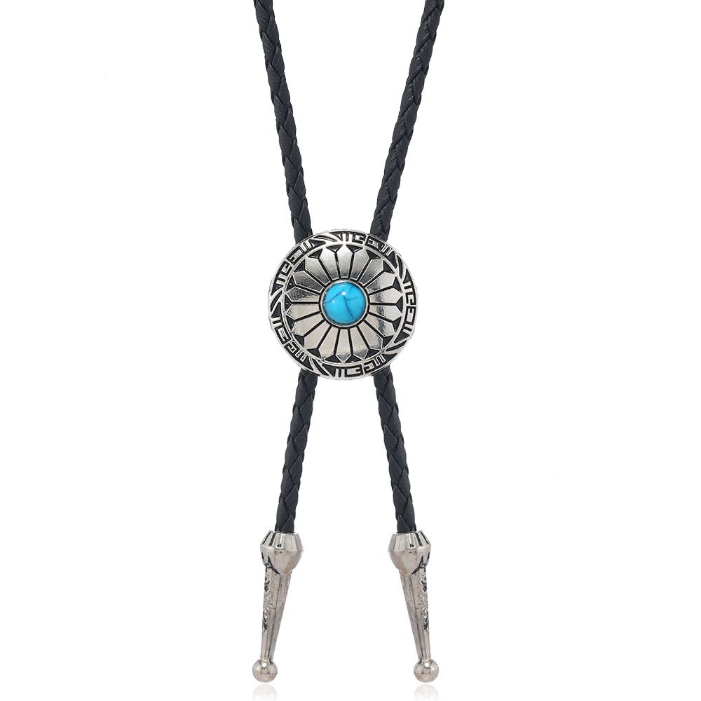 New Trendy Turquoise Edge Alloy Oil-Drip PU Bolo Collar For Men Simple Long Necklace_ipsvogv.com
