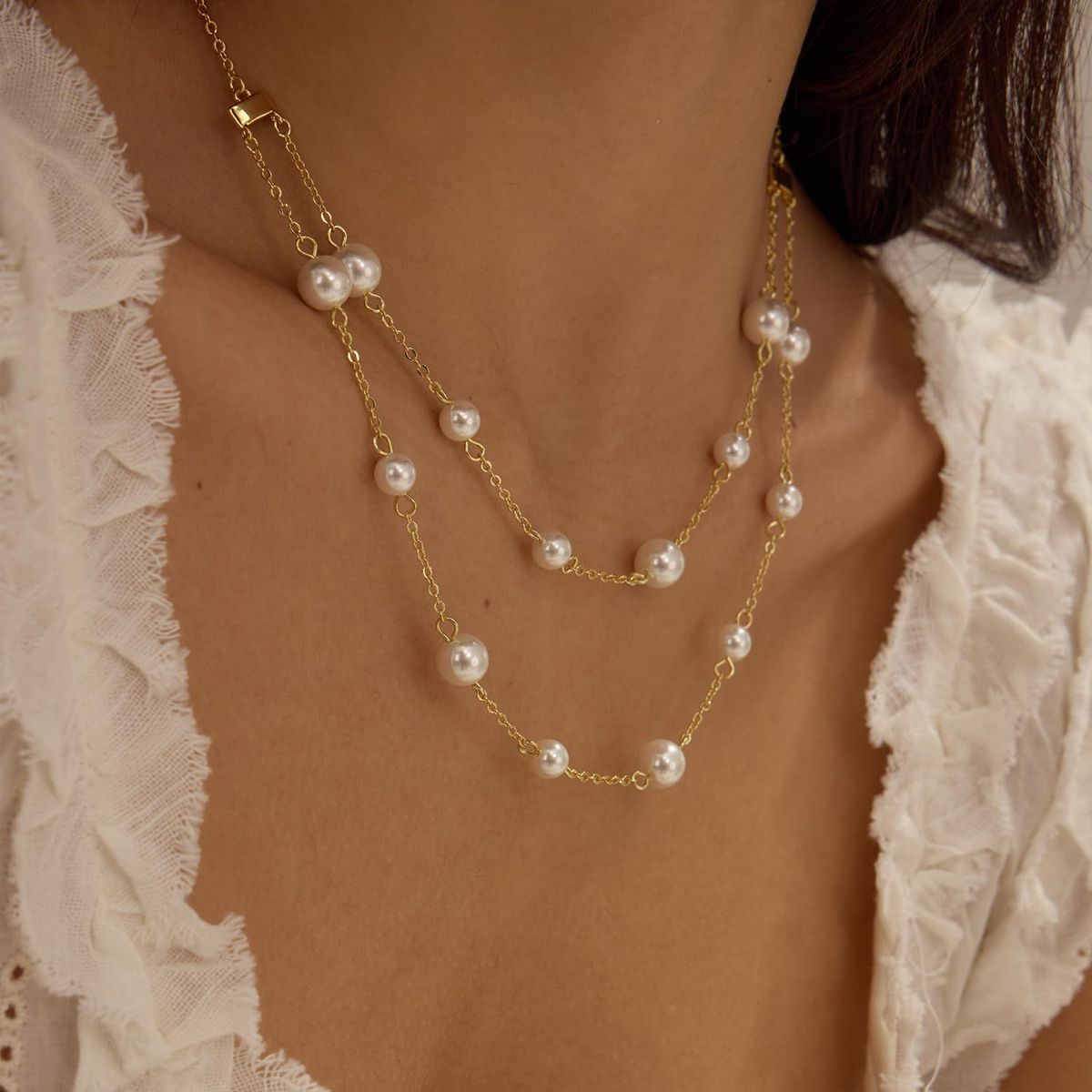 Brass Real Gold Electroplating Fashionable Simple Pearl Necklace Clavicle Chain Double Layer Stackable Retro Style Pearl Necklace For Women_ipsvogv.com
