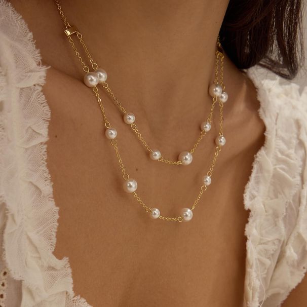 Brass Real Gold Electroplating Fashionable Simple Pearl Necklace Clavicle Chain Double Layer Stackable Retro Style Pearl Necklace For Women_ipsvogv.com