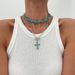 Ethnic Style Turquoise Cross Bead Necklace, Heart-shaped Bow Pendant, Collarbone Chain_ipsvogv.com