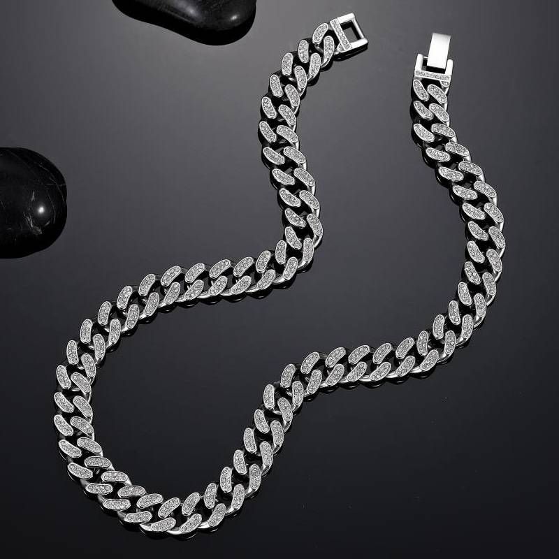 Rough Diamond Cuban Chain Men's Titanium Steel Necklace Men's Trendy Hip Hop Full Diamond Cuban Necklace_ipsvogv.com