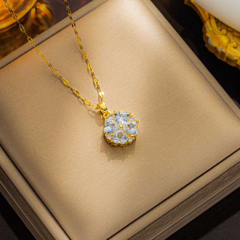 New Full Diamond Four Leaf Grass Necklace Women's Korean Edition With Colorful Zircon Titanium Steel Lock Bone Chain,_ipsvogv.com