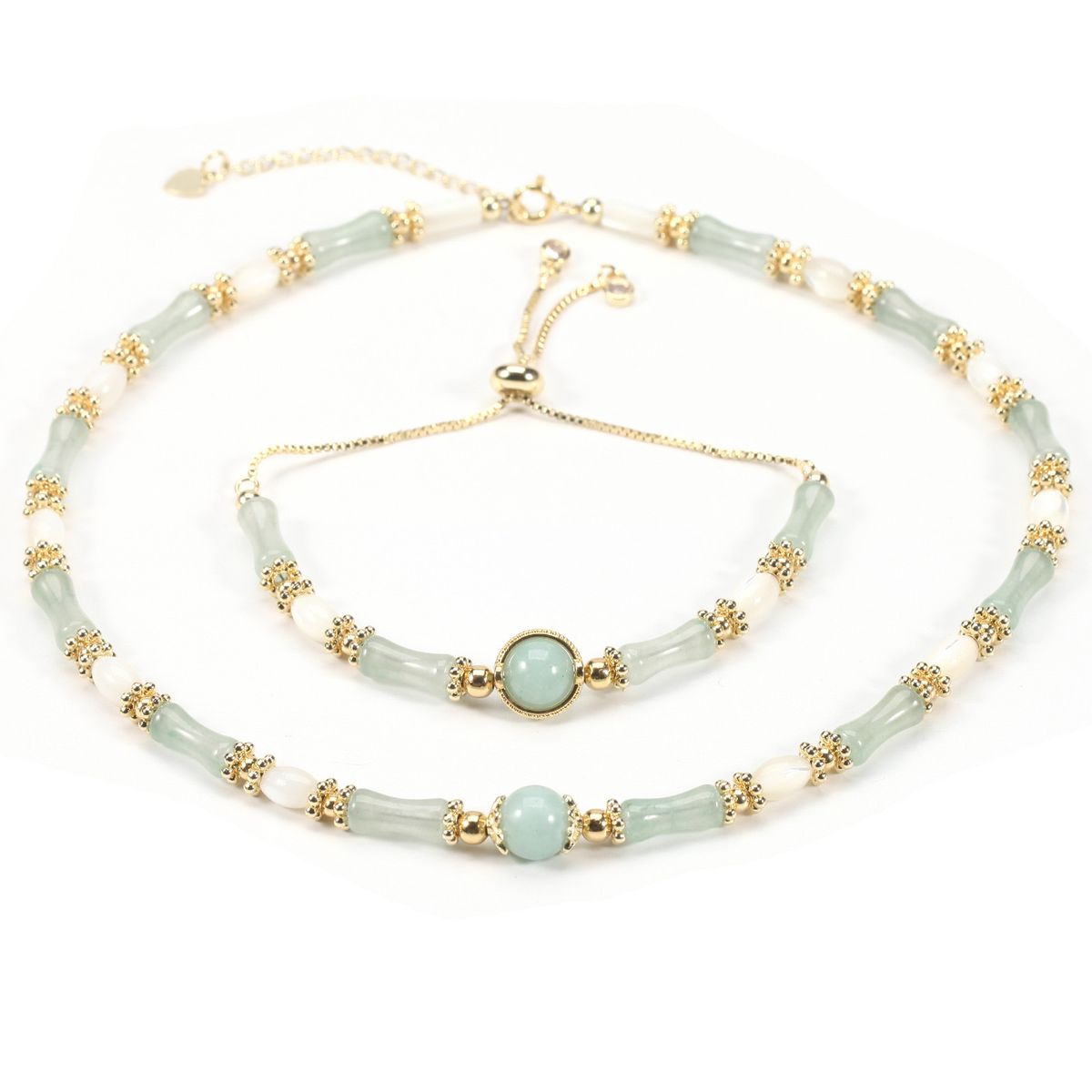 Shell Bamboo Light Green Aventurine Natural Stone Bracelet Necklace Set Female_ipsvogv.com
