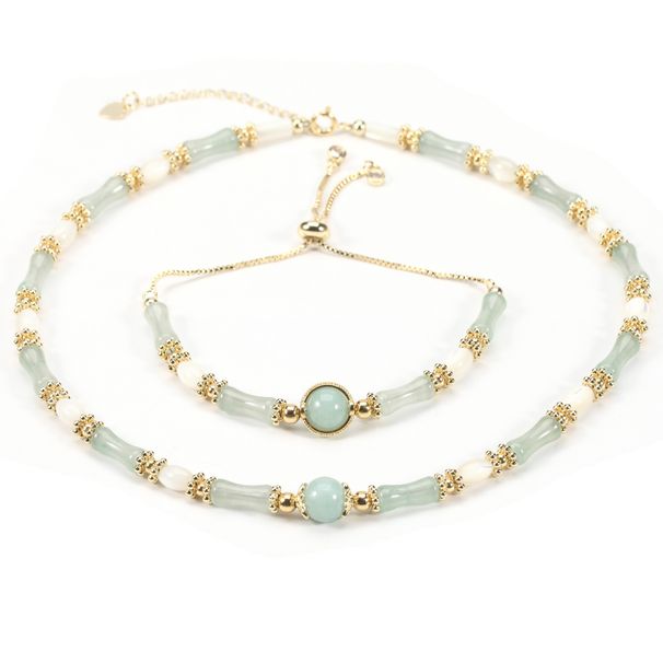 Shell Bamboo Light Green Aventurine Natural Stone Bracelet Necklace Set Female_ipsvogv.com