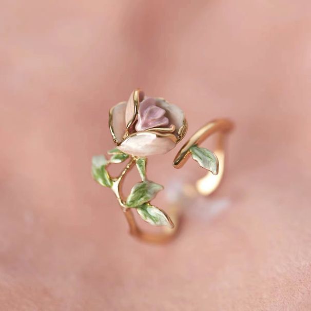 Sweet Fugitive Princess Series Super Gentle Pink Rose Flower Ring Female Retro Exquisite Enamel Drip Glue Open Ring_ipsvogv.com