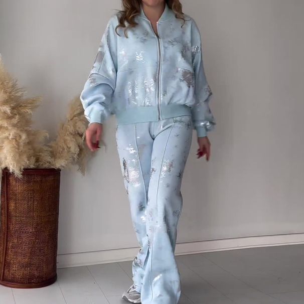 Women's Clothing summer new fashion sequin printed zipper casual sweatshirt two piece set_ipsvogv.com