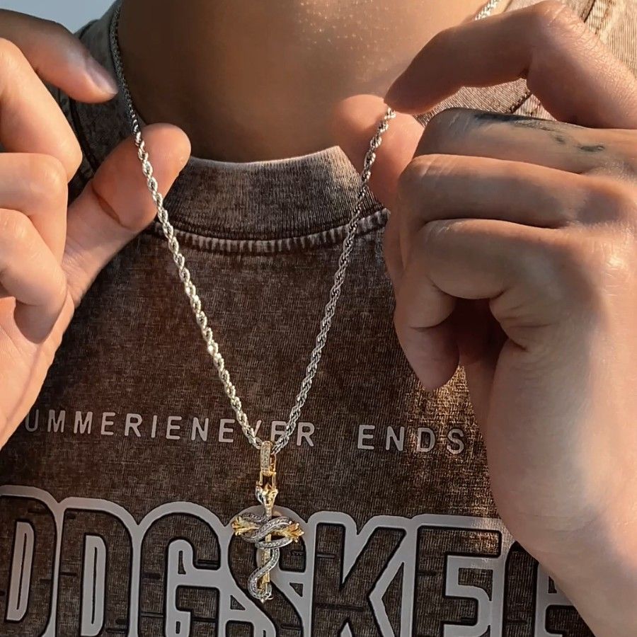 Snake Year Carved Double Color Cross Necklace Full Of Zircon Dominance Pendant, Unisex And Non Fading_ipsvogv.com
