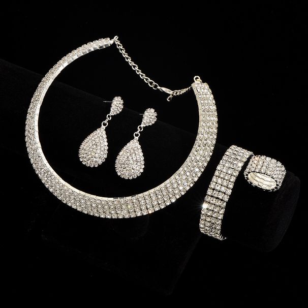 Water Diamond Jewelry Set - 4-Piece Silver Necklace, Earrings, Bracelet & Ring For Wedding & Photography, Elegant Bridal Gift_ipsvogv.com