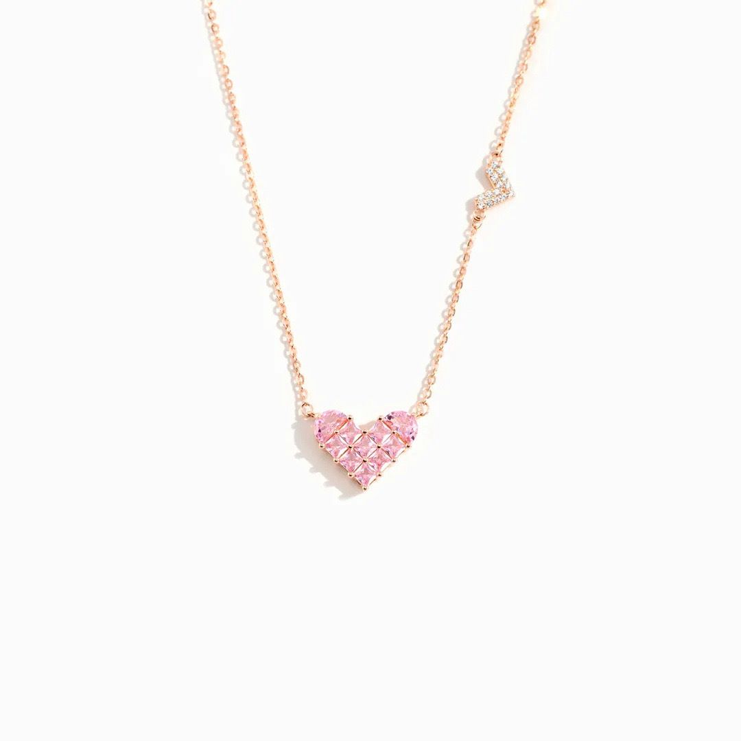 S925 Sterling Silver Necklace For Women, Small Fresh And Sweet Love Pink Diamond Square Diamond Elegant Clavicle Chain_ipsvogv.com