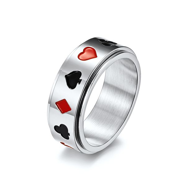 Men's Jewelry Spades Hearts Plum Blossom Squares Playing Card Pattern Titanium Steel Rotatable Ring_ipsvogv.com