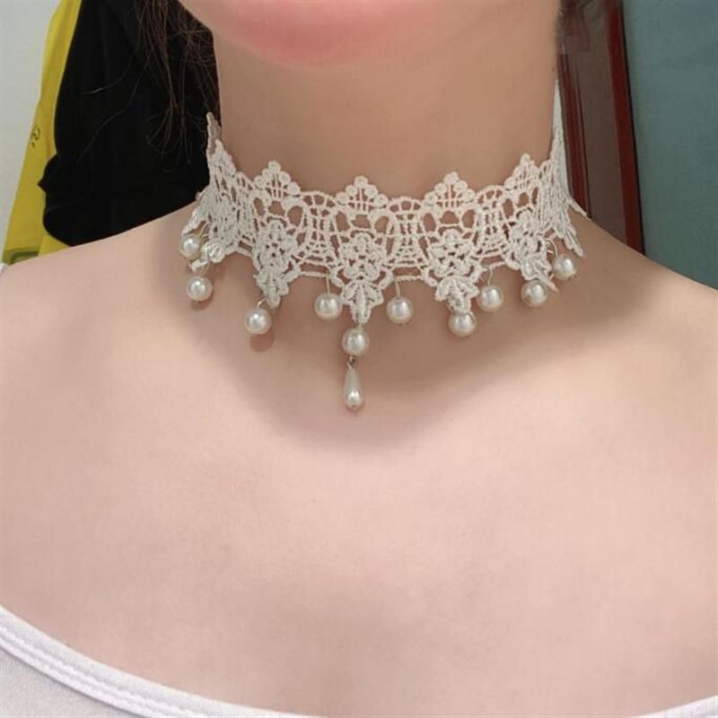 Korean Super Fairy White Lace Pearl Pendant Choker Sweet Gentle Short Neckband Collarbone Chain_ipsvogv.com