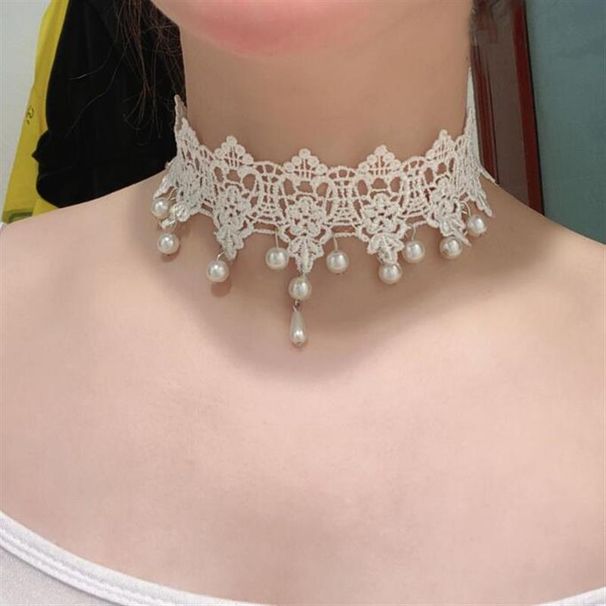 Korean Super Fairy White Lace Pearl Pendant Choker Sweet Gentle Short Neckband Collarbone Chain_ipsvogv.com